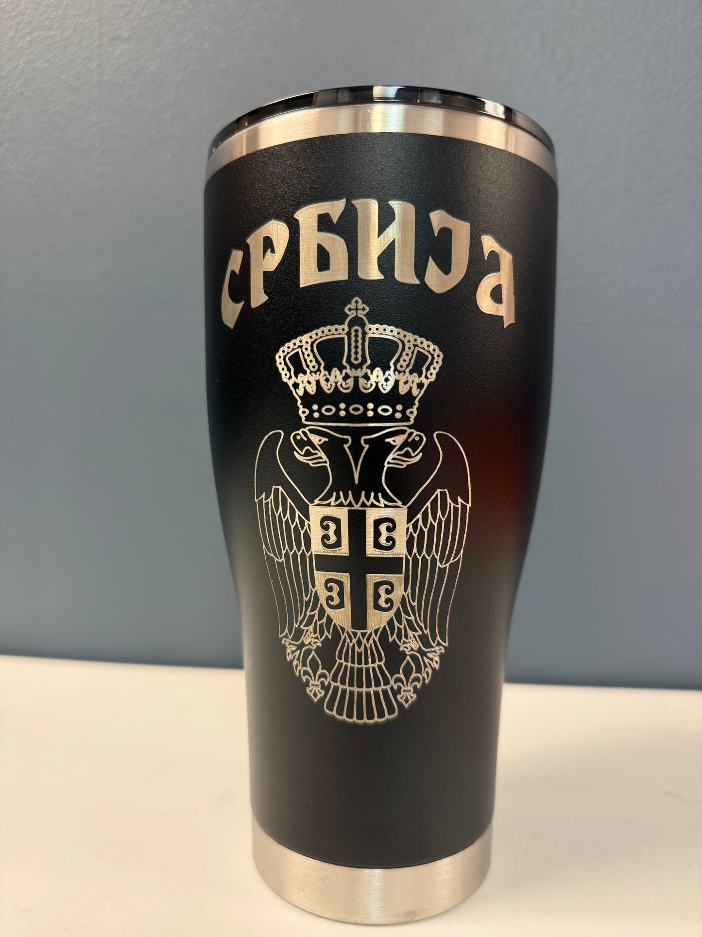 Srbija Engraved Tumbler-30oz White, Red and Black Hogg Modern Curve|Serbian Two Headed Eagle & Cyrilic Design