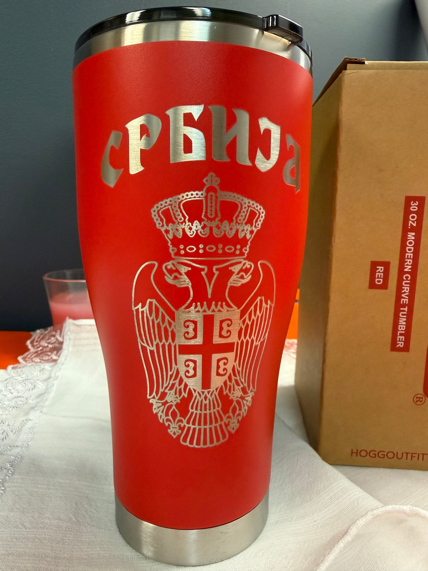 Srbija Engraved Tumbler-30oz White, Red and Black Hogg Modern Curve|Serbian Two Headed Eagle & Cyrilic Design