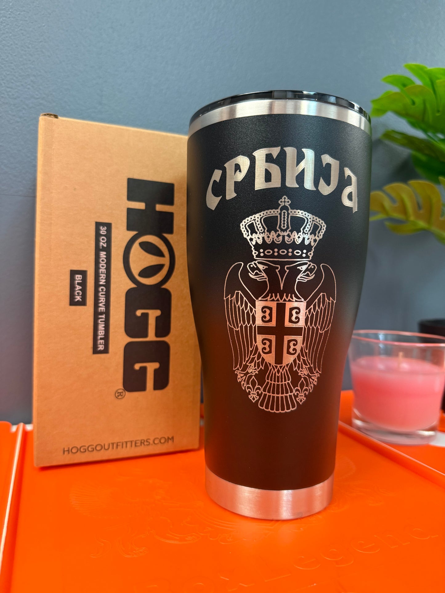 Srbija Engraved Tumbler-30oz White, Red and Black Hogg Modern Curve|Serbian Two Headed Eagle & Cyrilic Design