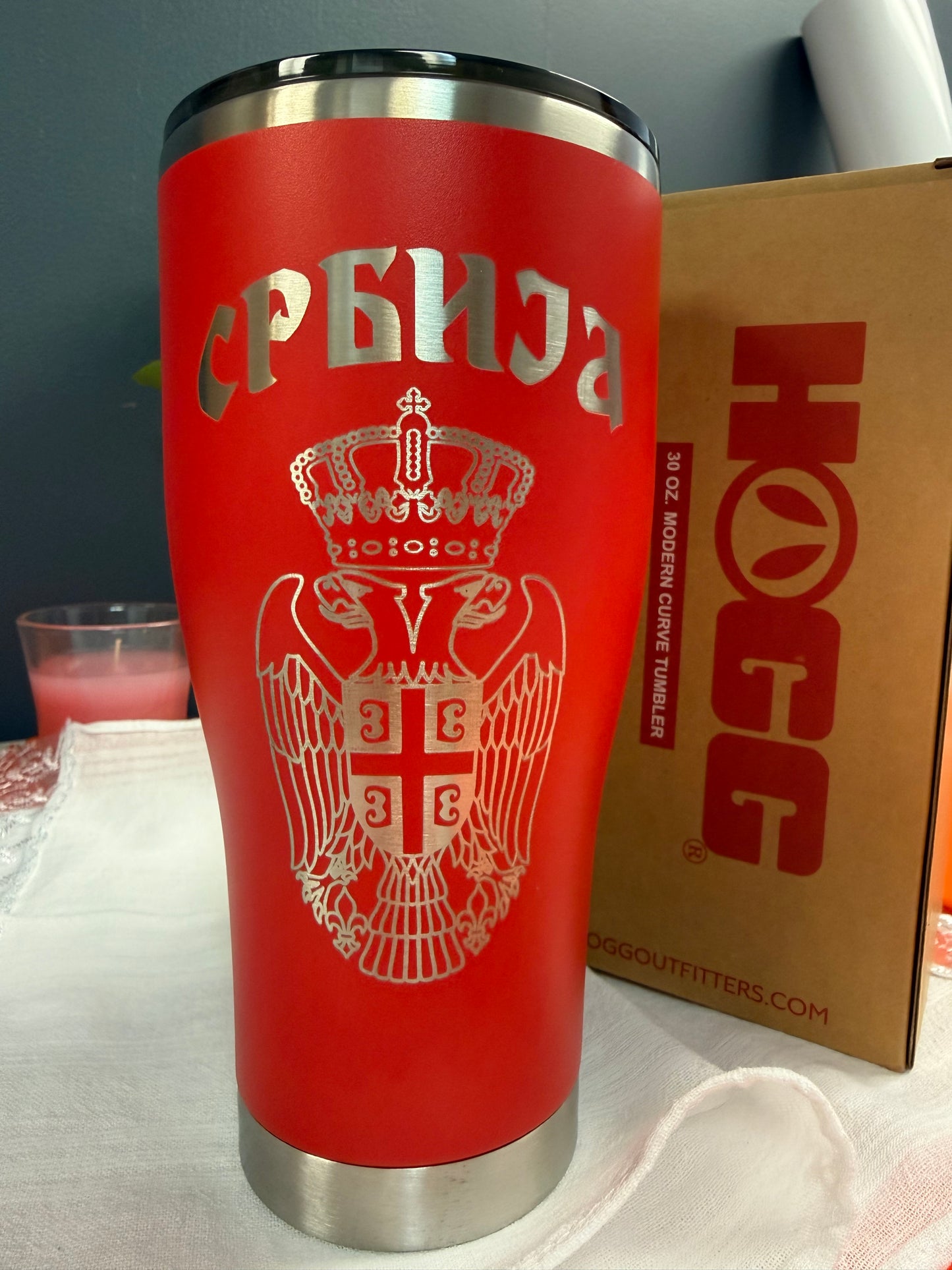 Srbija Engraved Tumbler-30oz White, Red and Black Hogg Modern Curve|Serbian Two Headed Eagle & Cyrilic Design