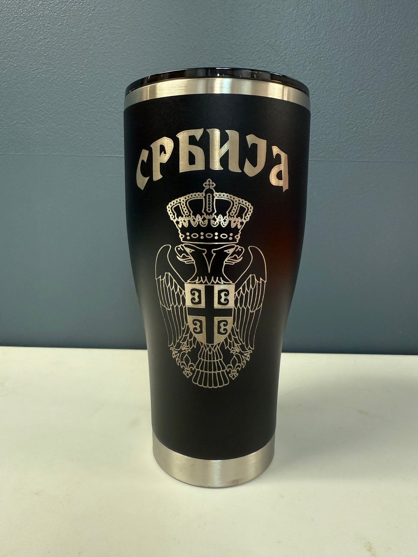 Srbija Engraved Tumbler-30oz White, Red and Black Hogg Modern Curve|Serbian Two Headed Eagle & Cyrilic Design