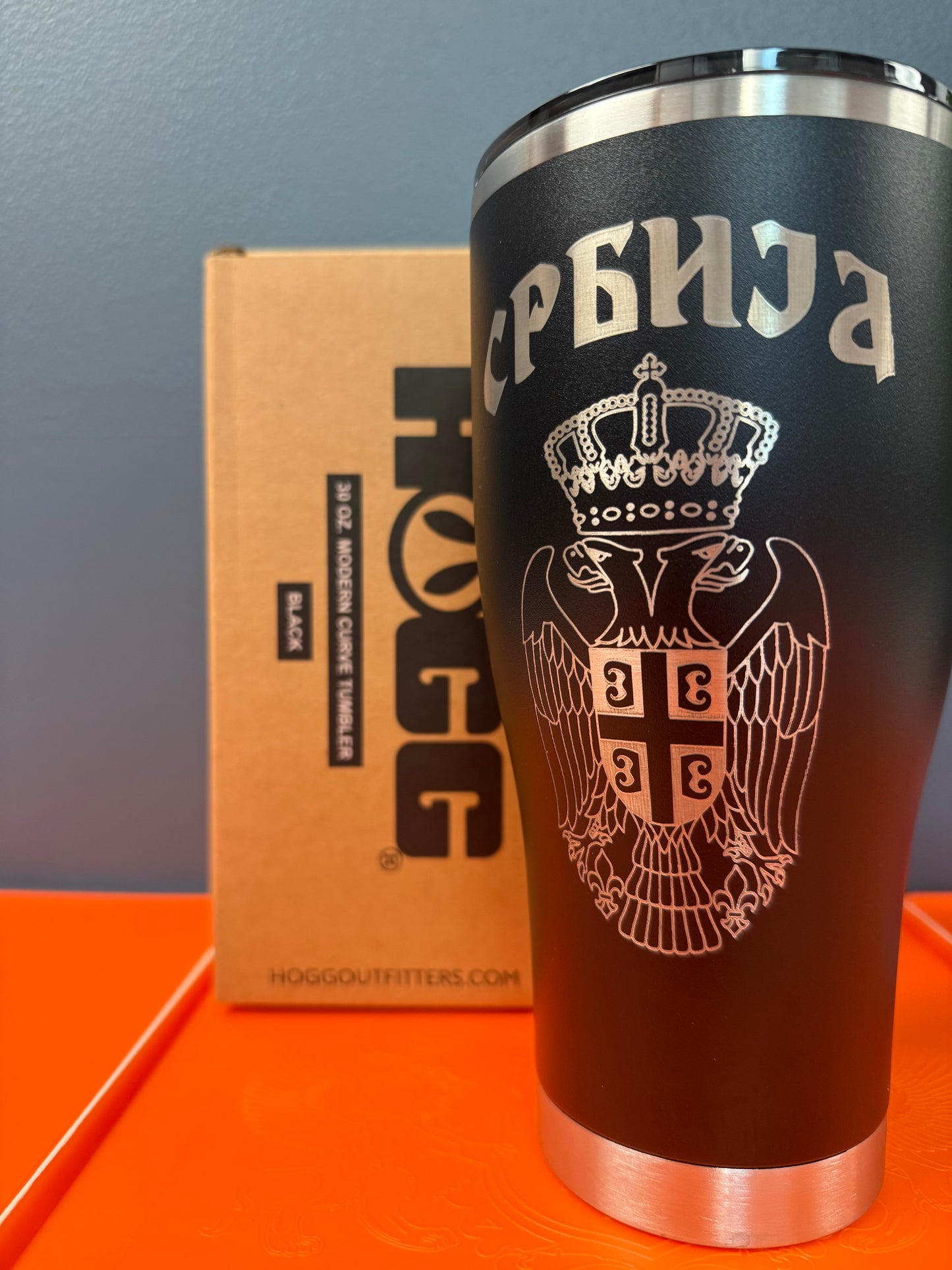 Srbija Engraved Tumbler-30oz White, Red and Black Hogg Modern Curve|Serbian Two Headed Eagle & Cyrilic Design