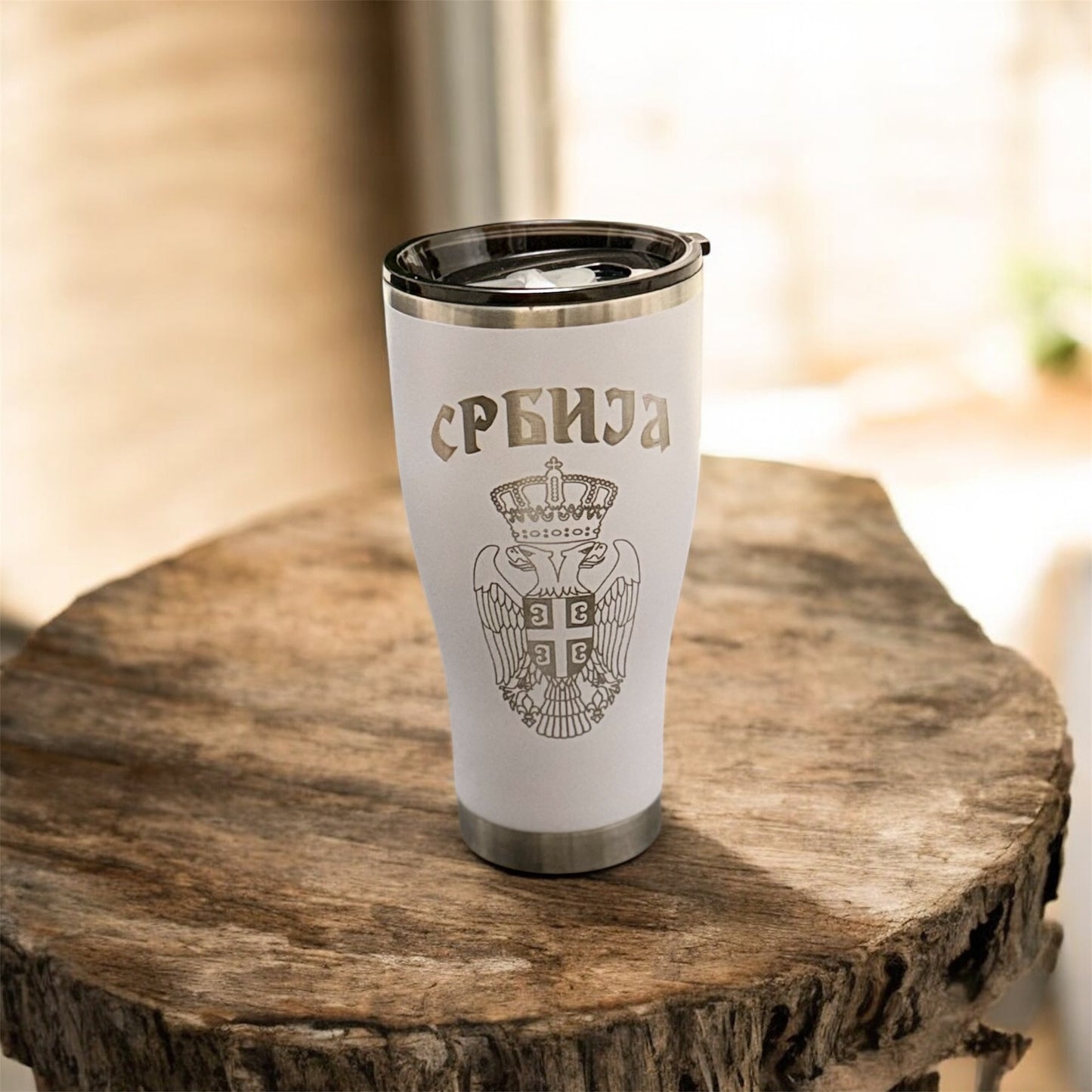 Srbija Engraved Tumbler-30oz White, Red and Black Hogg Modern Curve|Serbian Two Headed Eagle & Cyrilic Design